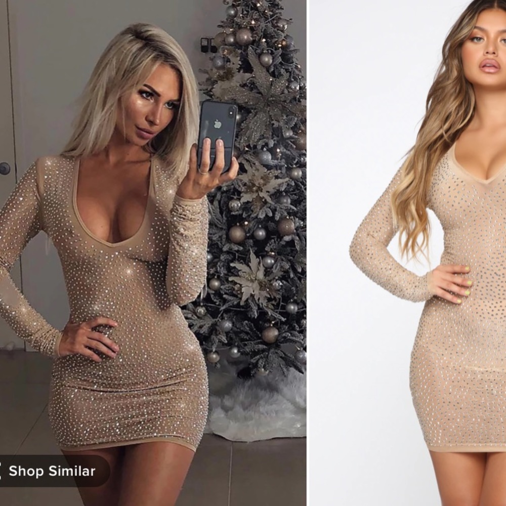 Fashion Nova - Nude Long Sleeve Rhinestone Dress